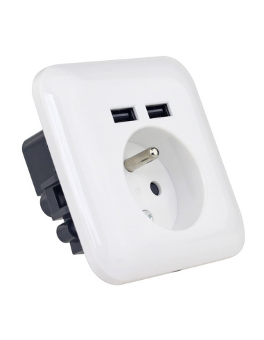 Priza de perete Platinet French, cu 2x USB, incarcare rapida, impamantare, input 250V 16A, output 5V 2.1A, alb, PWSF2U, 43964