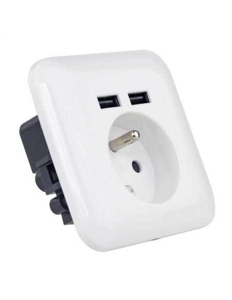 Priza de perete Platinet French, cu 2x USB, incarcare rapida, impamantare, input 250V 16A, output 5V 2.1A, alb, PWSF2U, 43964