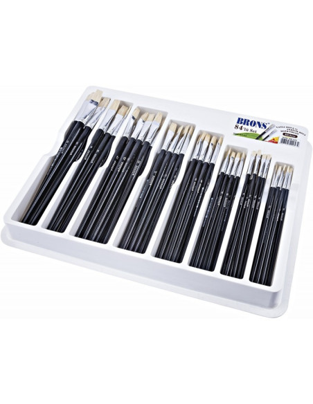 Pensula Brons BR-524, varf lat, nr. 2-16, pictura cu ulei/culori acrilice, set 84 buc/tavita PVC