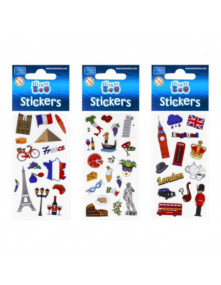 Abtibilduri - calatorii Italia, Anglia, Franta, set 13-19 buc, Sticker Boo, 489559