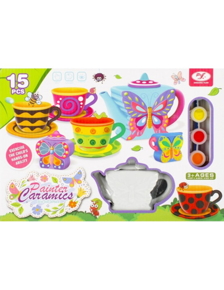 Set de ceai - pentru pictat - ceramica, 15 piese, acurele si pensula incluse, MegaCreative 501294, 3+ ani