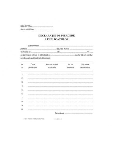 C125 Declaratie de pierdere a publicatiilor