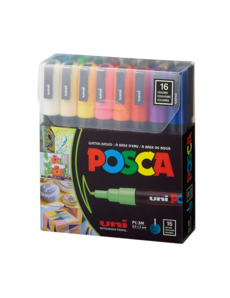 Marker UNI Posca PC-3M, varf rotund, 0.9-1.3mm, set 16 culori