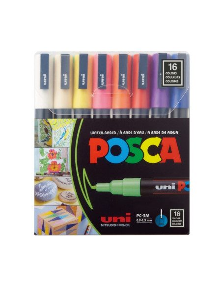 Marker UNI Posca PC-3M, varf rotund, 0.9-1.3mm, set 16 culori