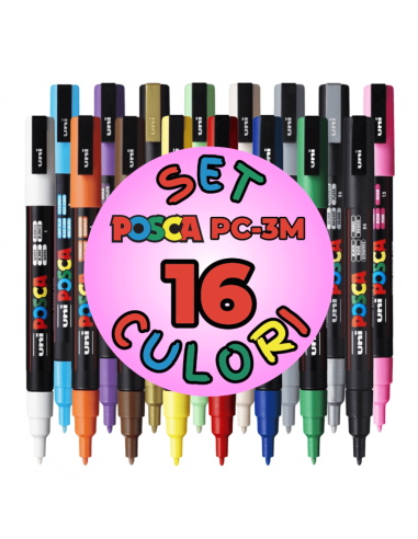 Marker UNI Posca PC-3M, varf rotund, 0.9-1.3mm, set 16 culori