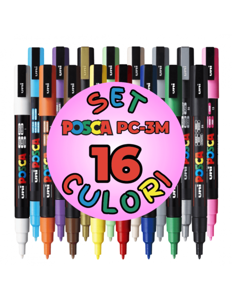 Marker UNI Posca PC-3M, varf rotund, 0.9-1.3mm, set 16 culori