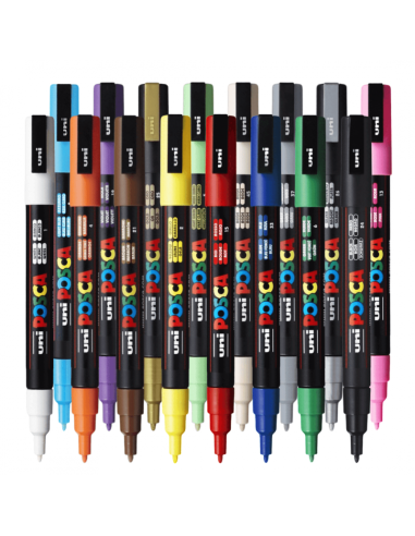 Marker UNI Posca PC-3M, varf rotund, 0.9-1.3mm, set 16 culori