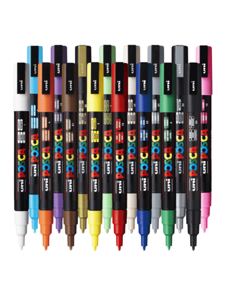 Marker UNI Posca PC-3M, varf rotund, 0.9-1.3mm, set 16 culori