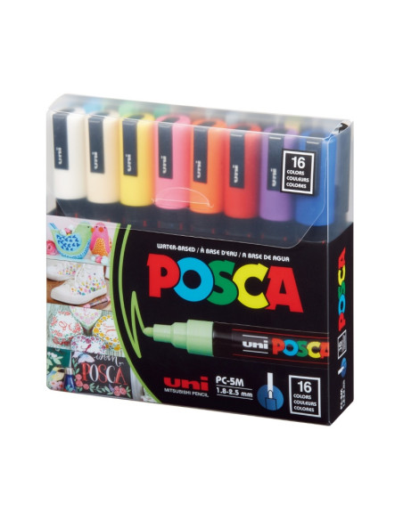 Marker UNI Posca PC-5M, varf rotund, 1.8-2.5mm, set 16 culori