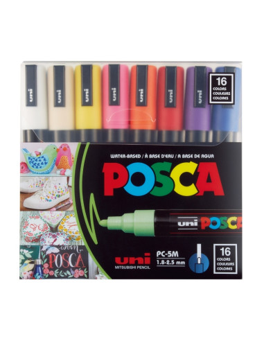 Marker UNI Posca PC-5M, varf rotund, 1.8-2.5mm, set 16 culori