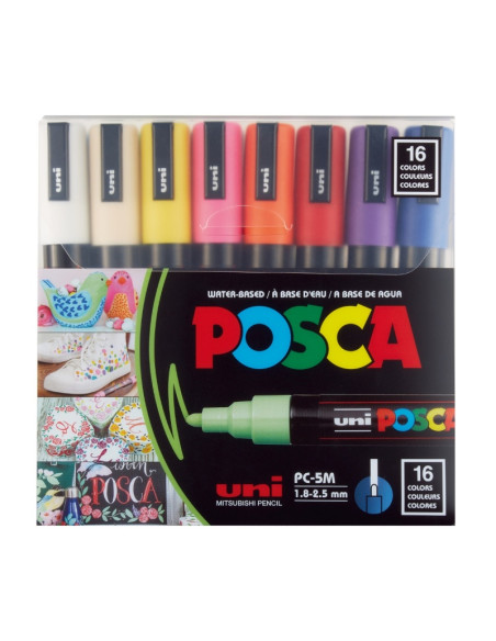 Marker UNI Posca PC-5M, varf rotund, 1.8-2.5mm, set 16 culori