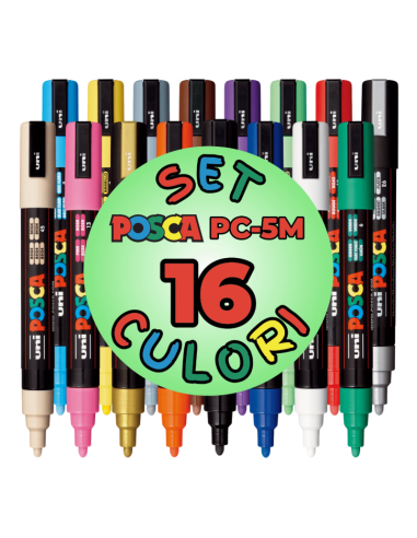 Marker UNI Posca PC-5M, varf rotund, 1.8-2.5mm, set 16 culori