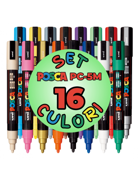Marker UNI Posca PC-5M, varf rotund, 1.8-2.5mm, set 16 culori