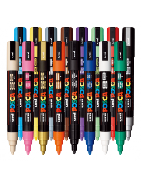 Marker UNI Posca PC-5M, varf rotund, 1.8-2.5mm, set 16 culori