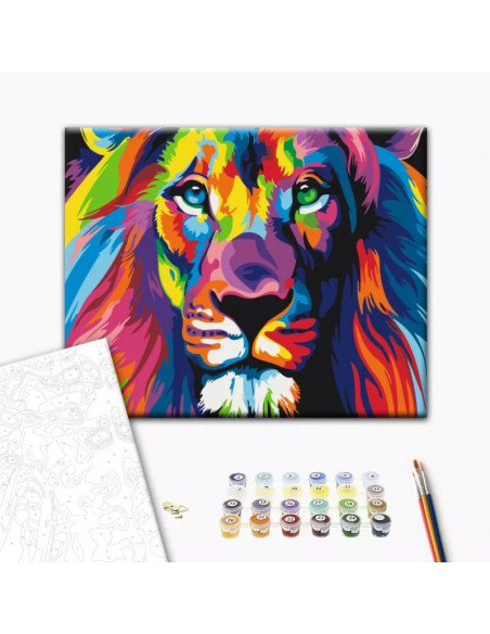 Set Pictura pe numere 40x50cm, Brushme - Leu colorat - panza, cadru de lemn, pensule, culori acrilice, BS8999