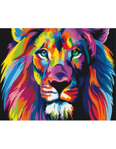 Set Pictura pe numere 40x50cm, Brushme - Leu colorat - panza, cadru de lemn, pensule, culori acrilice, BS8999