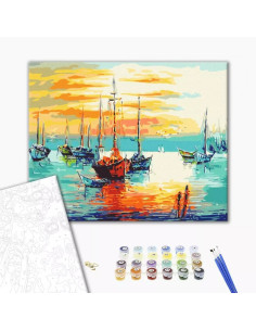 Set Pictura pe numere 40x50cm, Brushme - Barci pe mare - panza, cadru de lemn, pensule, culori acrilice, BS52196
