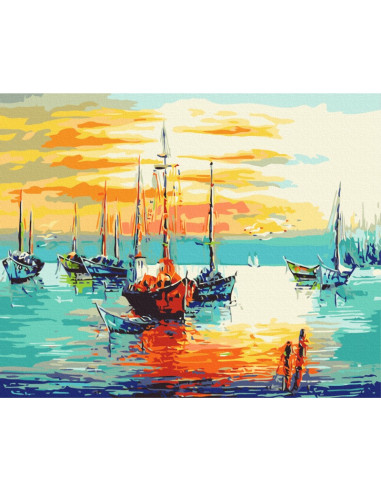 Set Pictura pe numere 40x50cm, Brushme - Barci pe mare - panza, cadru de lemn, pensule, culori acrilice, BS52196