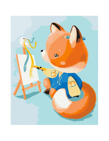 Set Pictura pe numere 40x50cm, Brushme - Vulpe care picteaza - panza, cadru de lemn, pensule, culori acrilice, BS53156