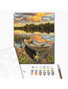 Set Pictura pe numere 40x50cm, Brushme - Barca pe lac - panza, cadru de lemn, pensule, culori acrilice, BS51980