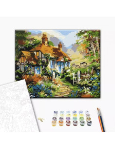 Set Pictura pe numere 40x50cm, Brushme - Casa in padure - panza, cadru de lemn, pensule, culori acrilice, BS51879