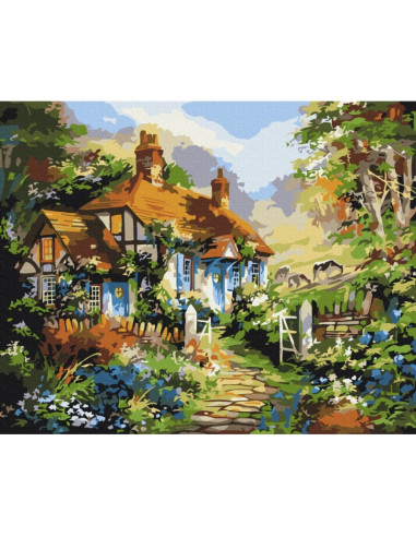 Set Pictura pe numere 40x50cm, Brushme - Casa in padure - panza, cadru de lemn, pensule, culori acrilice, BS51879