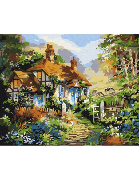 Set Pictura pe numere 40x50cm, Brushme - Casa in padure - panza, cadru de lemn, pensule, culori acrilice, BS51879