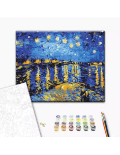 Set Pictura pe numere 40x50cm, Brushme - Noapte instelata la Rohne, Van Gogh - panza, cadru lemn, pensule, culori, BS323
