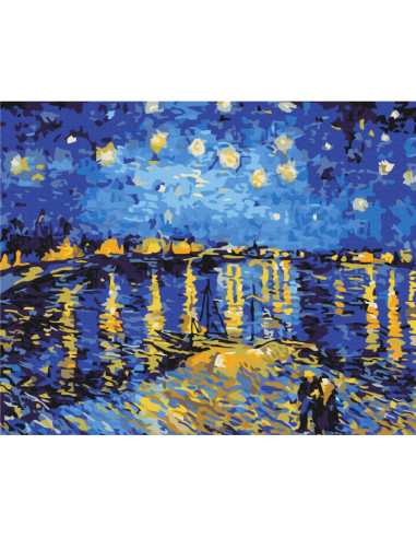 Set Pictura pe numere 40x50cm, Brushme - Noapte instelata la Rohne, Van Gogh - panza, cadru lemn, pensule, culori, BS323
