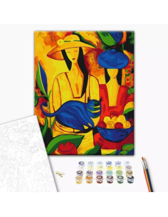 Set Pictura pe numere 40x50cm, Brushme - Pictura abstracta, femei cu pisica - panza, cadru lemn, pensule, culori, BS51985