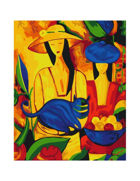 Set Pictura pe numere 40x50cm, Brushme - Pictura abstracta, femei cu pisica - panza, cadru lemn, pensule, culori, BS51985