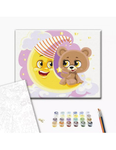 Set Pictura pe numere 30x40cm, Brushme - Ursulet pe luna - panza, cadru de lemn, pensule, culori acrilice, KBS0088