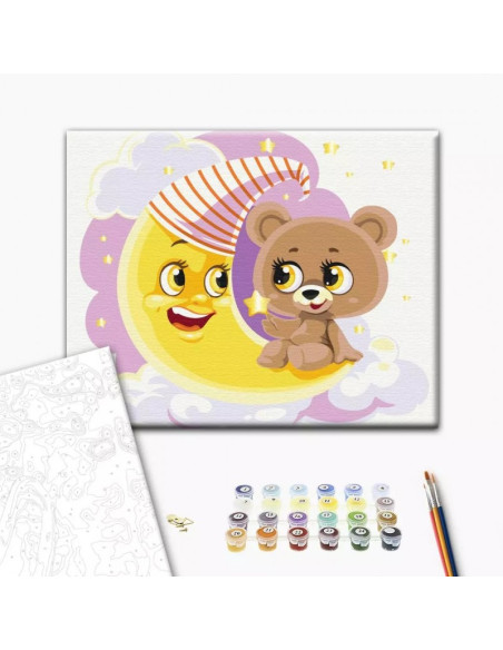 Set Pictura pe numere 30x40cm, Brushme - Ursulet pe luna - panza, cadru de lemn, pensule, culori acrilice, KBS0088