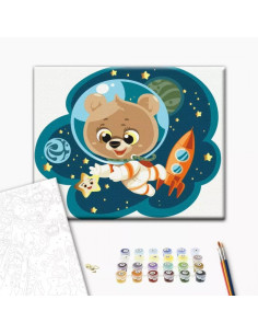 Set Pictura pe numere 30x40cm, Brushme - Ursulet in spatiu - panza, cadru de lemn, pensule, culori acrilice, KBS0092
