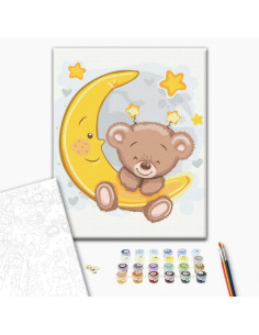 Set Pictura pe numere 30x40cm, Brushme - Ursulet prins de luna - panza, cadru de lemn, pensule, culori acrilice, KBS0107