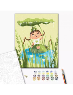 Set Pictura pe numere 30x40cm, Brushme - Fetita cu broscute - panza, cadru de lemn, pensule, culori acrilice, KBS0125