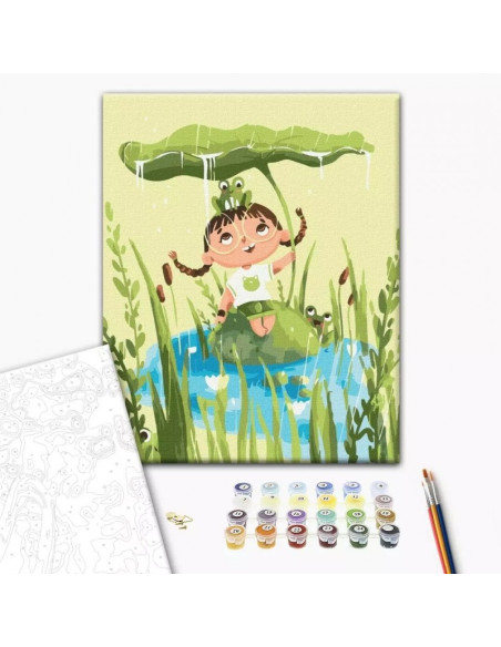 Set Pictura pe numere 30x40cm, Brushme - Fetita cu broscute - panza, cadru de lemn, pensule, culori acrilice, KBS0125