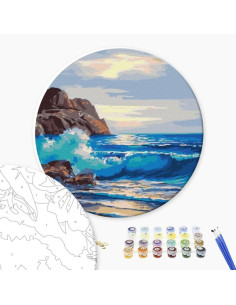Set Pictura pe numere 40x40cm, Brushme - Ocean agitat - rotunda, panza, cadru de lemn, pensule, culori acrilice, RC00049L