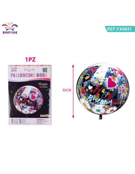 Baloane din folie PartyGo Happy Birthday, 50cm, transparent cu desene, FA0651