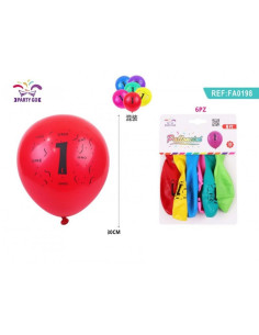 Baloane aniversare PartyGo cifra 1, 30cm, imprimate, diverse culori, FA0198, set 6 buc