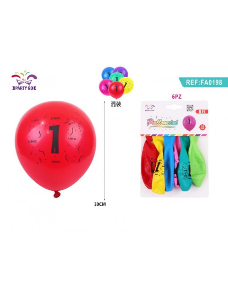 Baloane aniversare PartyGo cifra 1, 30cm, imprimate, diverse culori, FA0198, set 6 buc