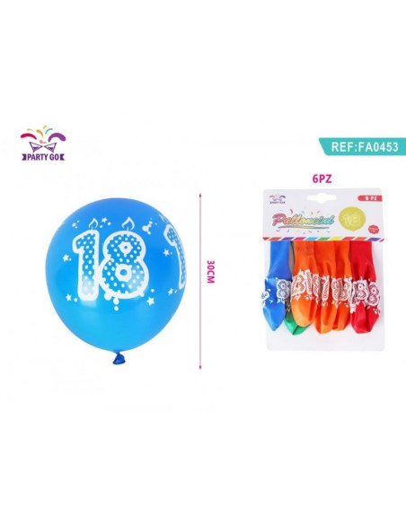 Baloane aniversare PartyGo 18 ani, 30cm, imprimate, diverse culori, FA0453, set 6 buc