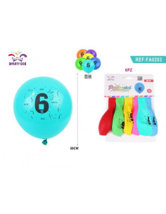 Baloane aniversare PartyGo cifra 6, 30cm, imprimate, diverse culori, FA0203, set 6 buc