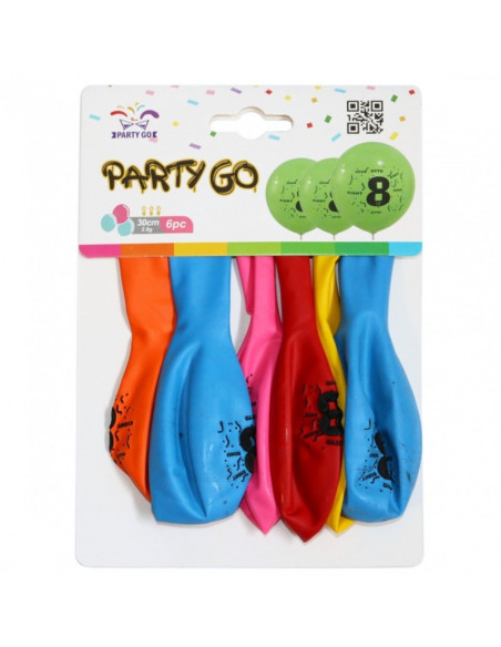 Baloane aniversare PartyGo cifra 8, 30cm, imprimate, diverse culori, FA0205, set 6 buc