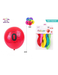 Baloane aniversare PartyGo cifra 0, 30cm, imprimate, diverse culori, FA0197, set 6 buc
