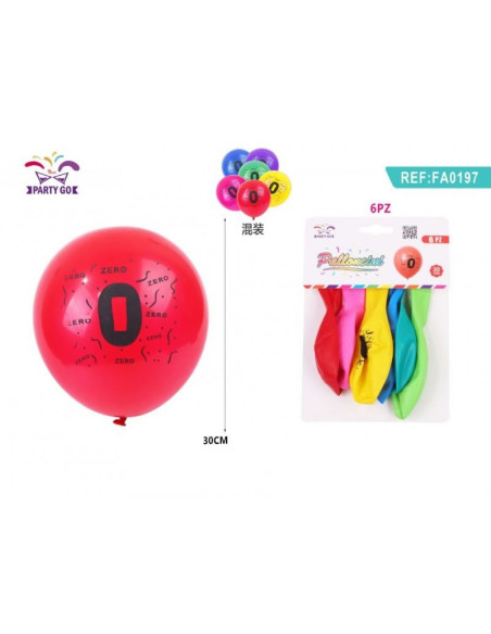 Baloane aniversare PartyGo cifra 0, 30cm, imprimate, diverse culori, FA0197, set 6 buc