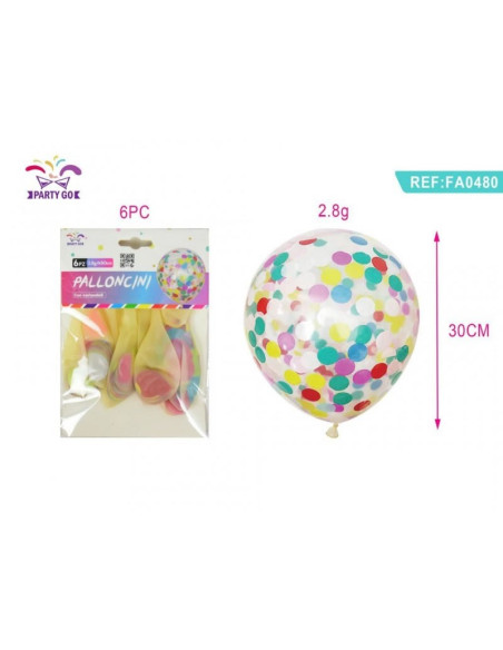 Baloane aniversare PartyGo, 30cm, cu paiete diverse culori, 2.8g, transparent, FA0480, set 6 buc