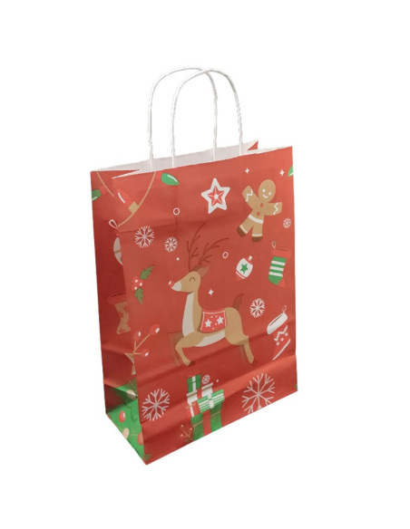 Punga cadou Craciun Colorarte 24401, A3, 32x41x12cm, 100g/mp, rosie, manere din hartie rasucita, motive de Craciun