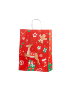 Punga cadou Craciun Colorarte 24257, B4, 26x35x12cm, 90g/mp, rosie, manere din hartie rasucita, motive de Craciun