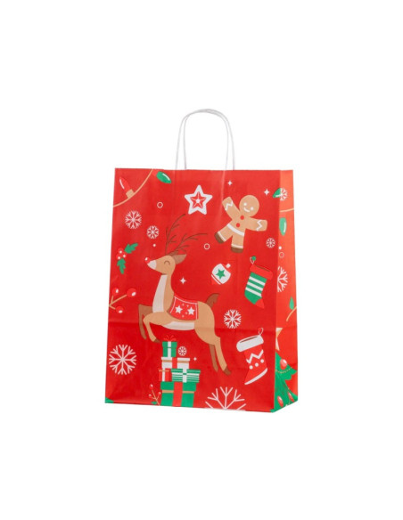 Punga cadou Craciun Colorarte 24257, B4, 26x35x12cm, 90g/mp, rosie, manere din hartie rasucita, motive de Craciun